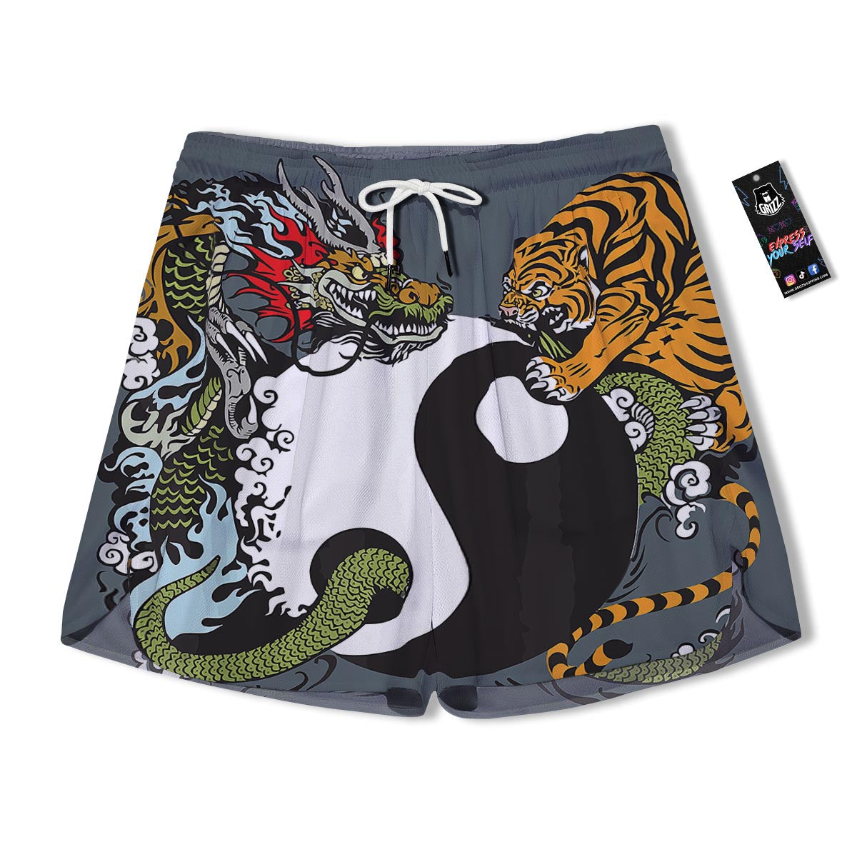 Yin Yang Dragon And Tiger Print Men's Running Shorts-grizzshop
