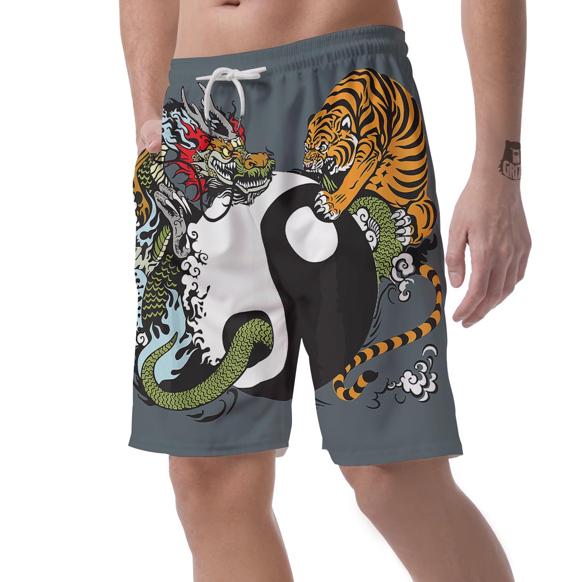 Yin Yang Dragon And Tiger Print Men's Shorts-grizzshop