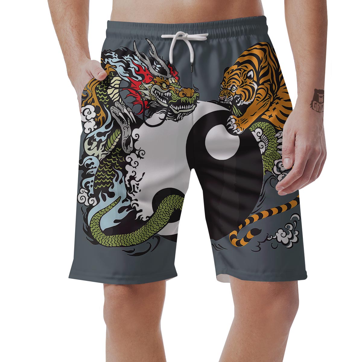 Yin Yang Dragon And Tiger Print Men's Shorts-grizzshop