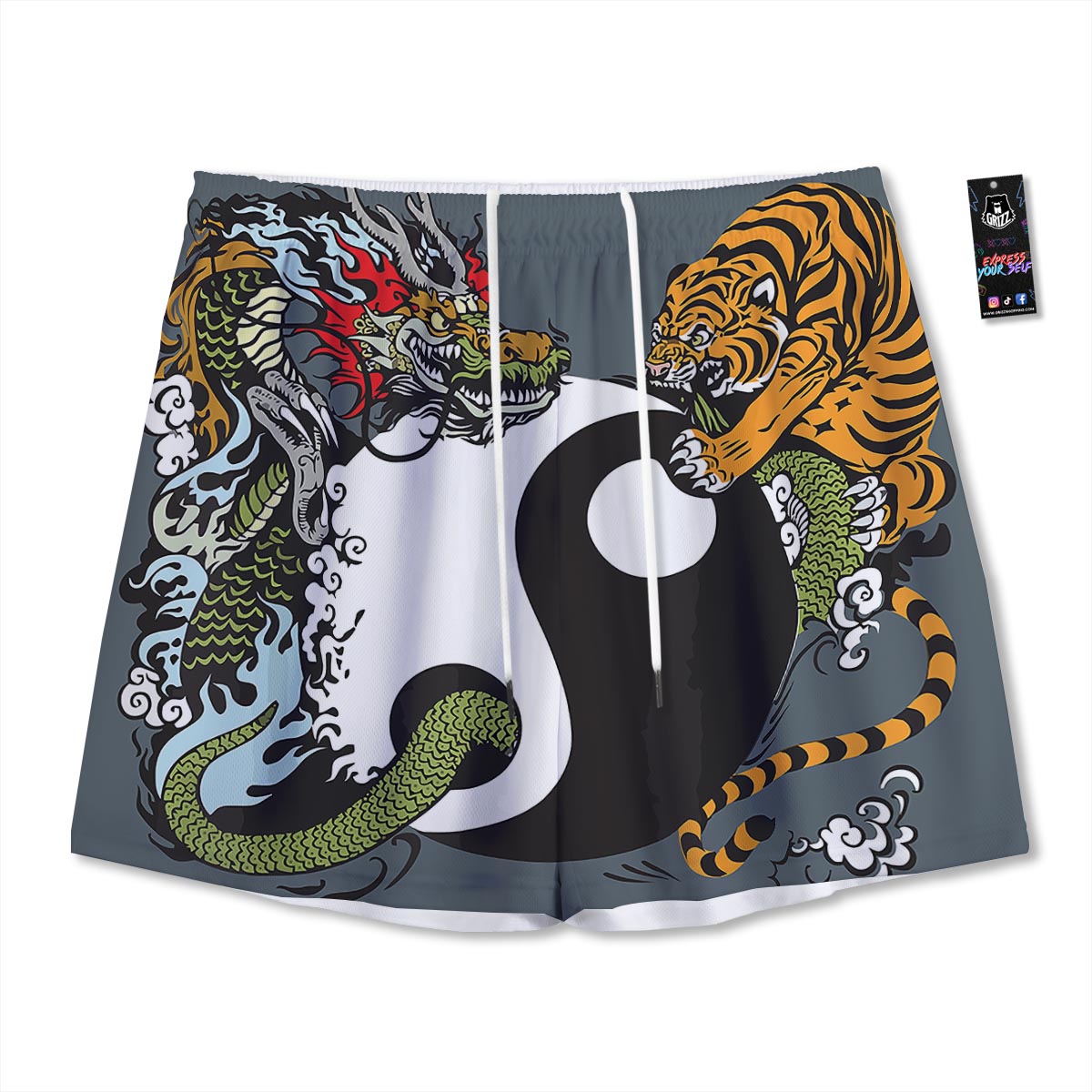 Yin Yang Dragon And Tiger Print Mesh Shorts