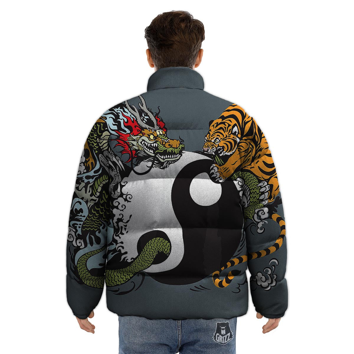 Yin Yang Dragon And Tiger Print Puffer Jacket-grizzshop