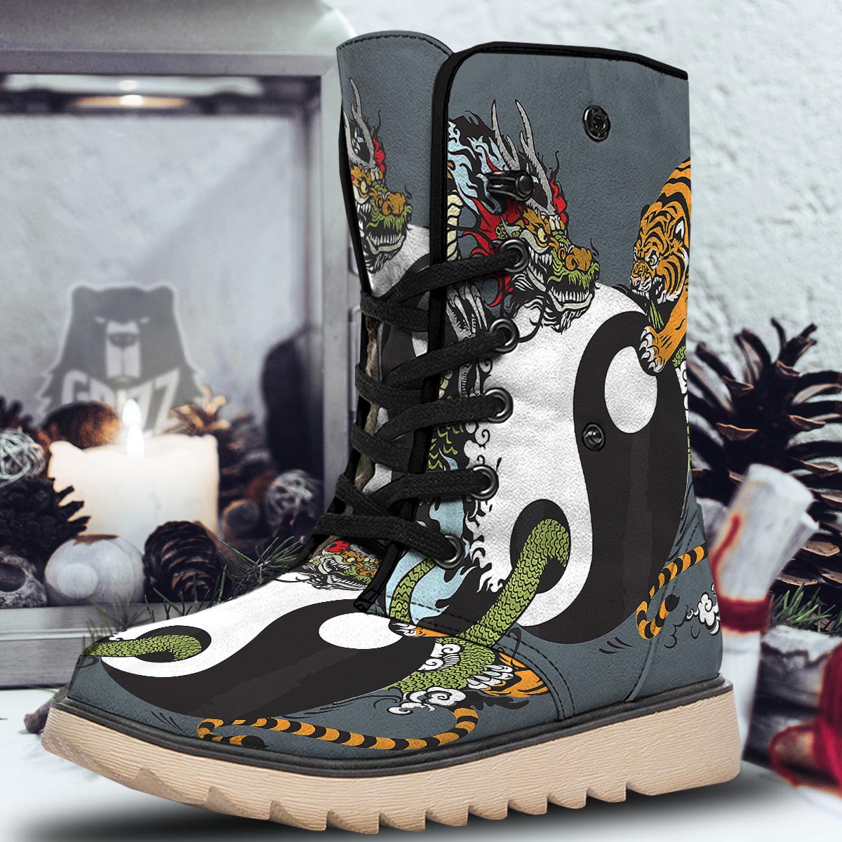 Yin Yang Dragon And Tiger Print Snow Boots-grizzshop