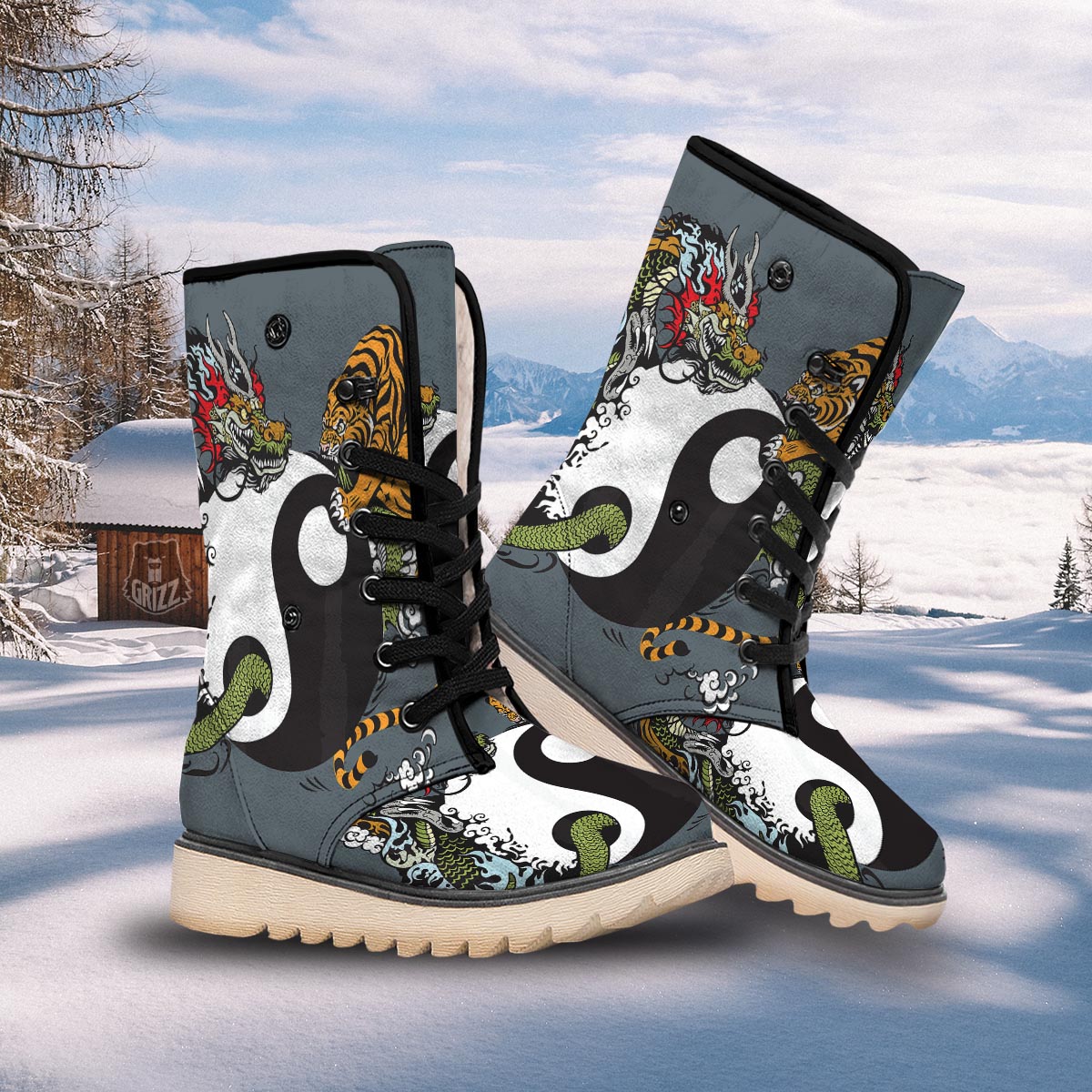 Yin Yang Dragon And Tiger Print Snow Boots-grizzshop
