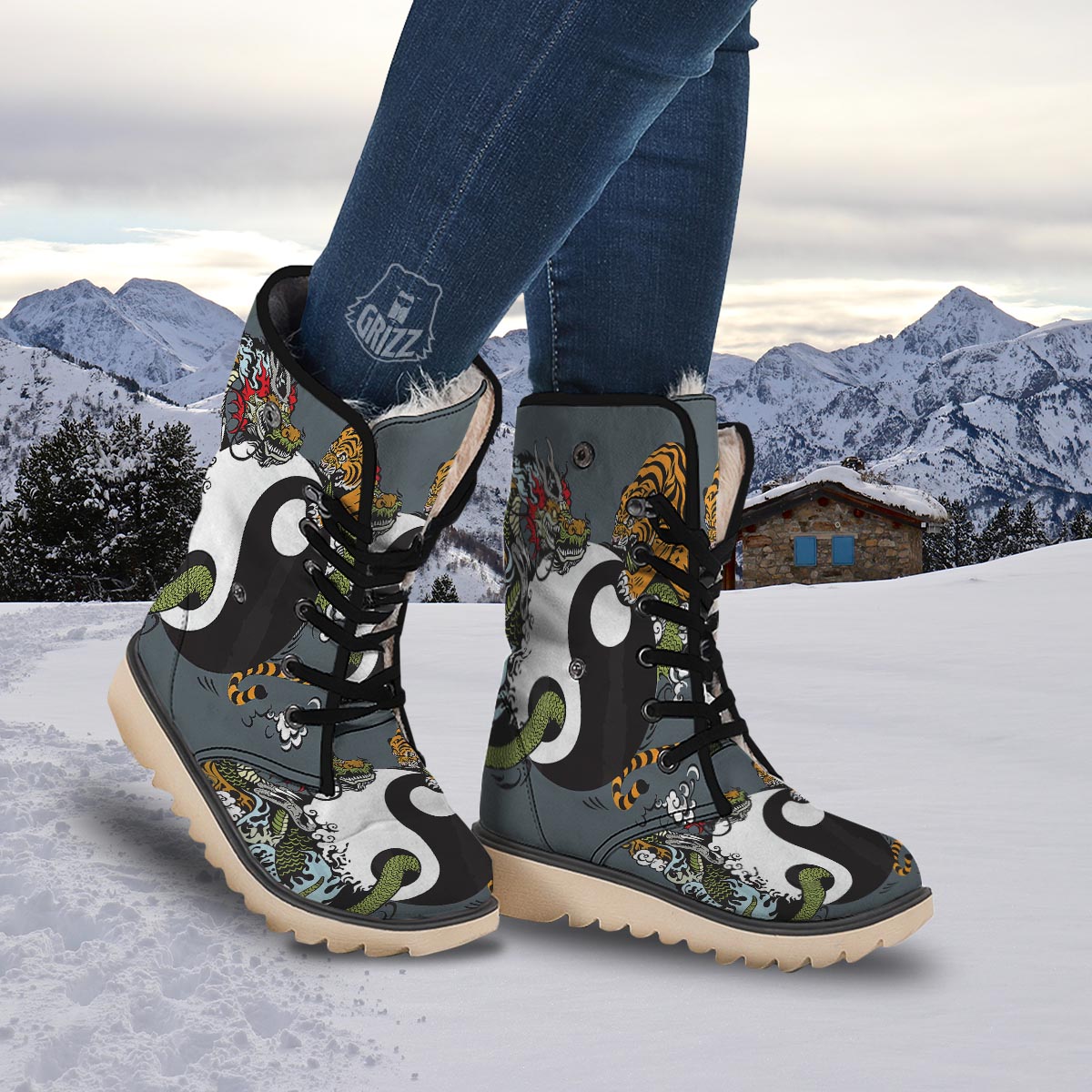 Yin Yang Dragon And Tiger Print Snow Boots-grizzshop