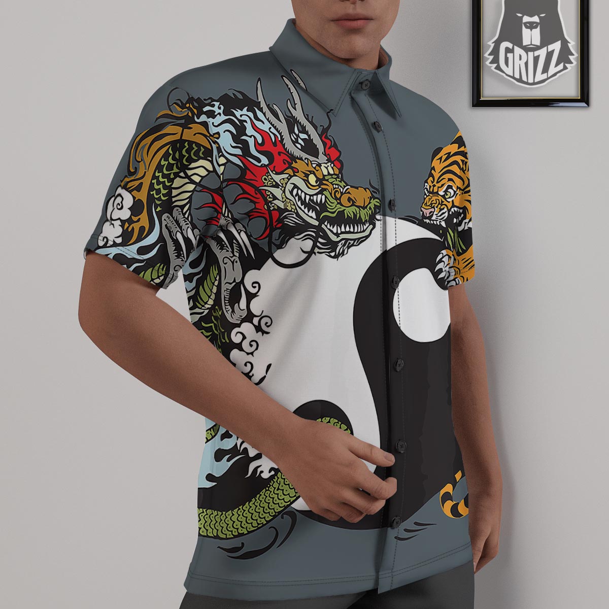 Yin Yang Dragon And Tiger Print Untucked Shirts-grizzshop