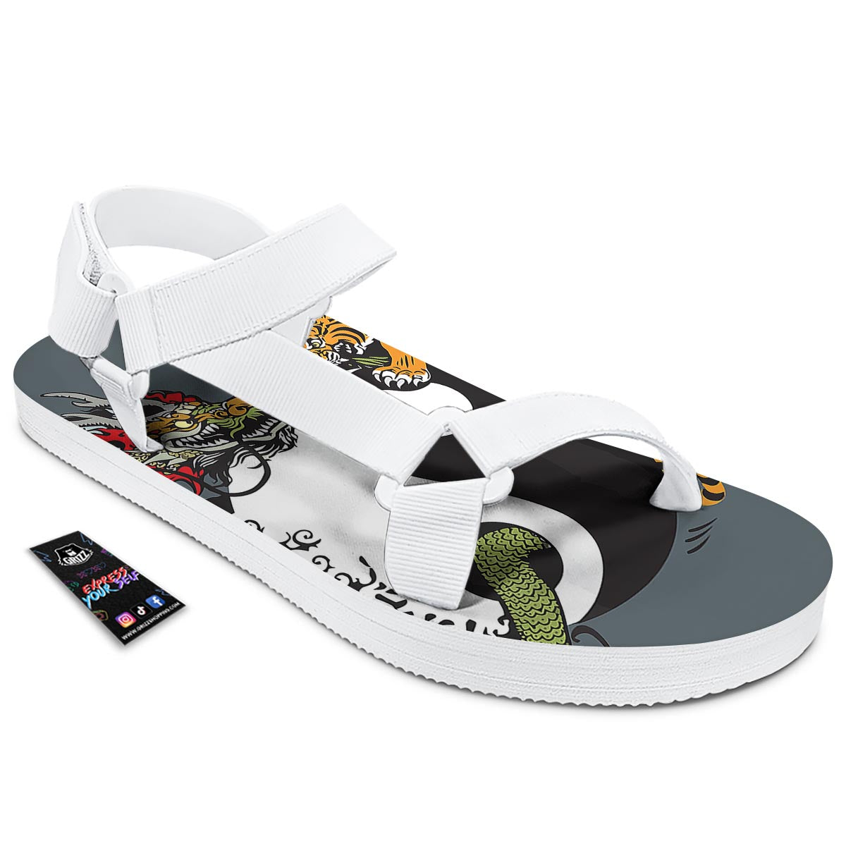 Yin Yang Dragon And Tiger Print White Open Toe Sandals-grizzshop