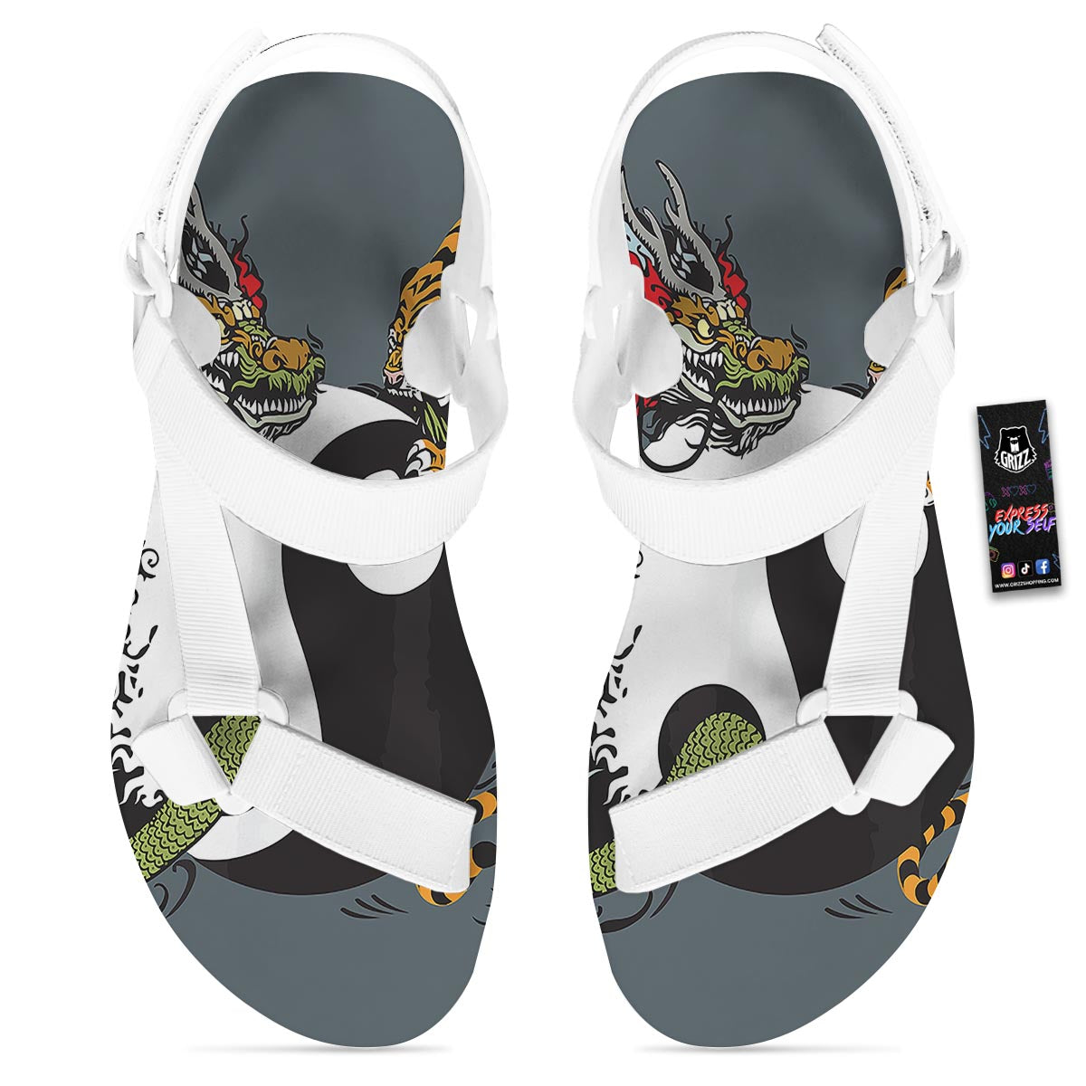 Yin Yang Dragon And Tiger Print White Open Toe Sandals-grizzshop