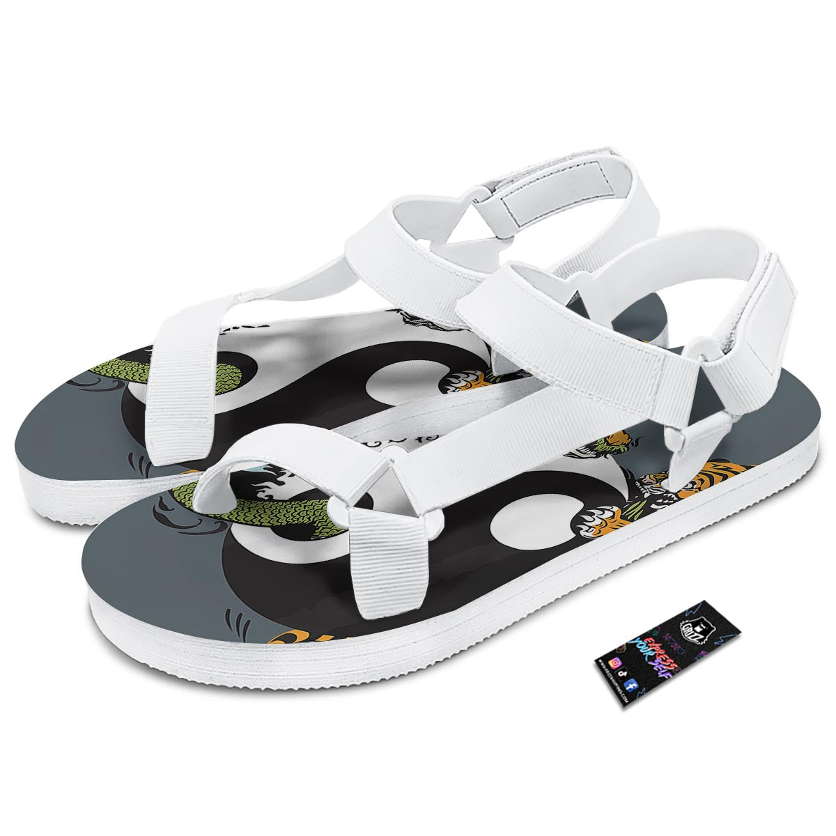 Yin Yang Dragon And Tiger Print White Open Toe Sandals-grizzshop