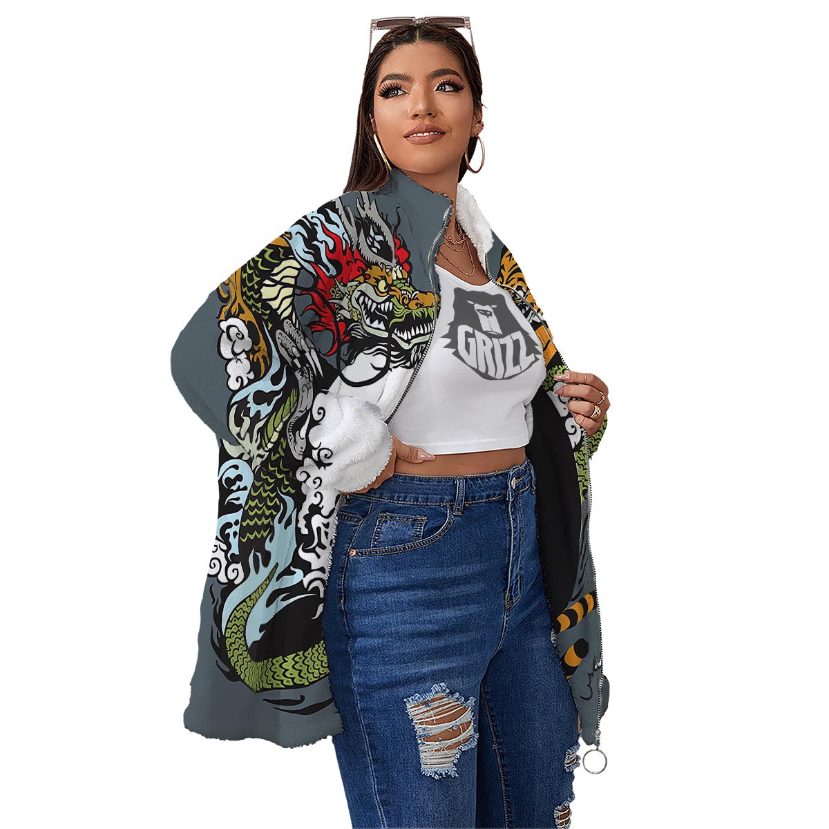 Yin Yang Dragon And Tiger Print Women's Sherpa Jacket-grizzshop