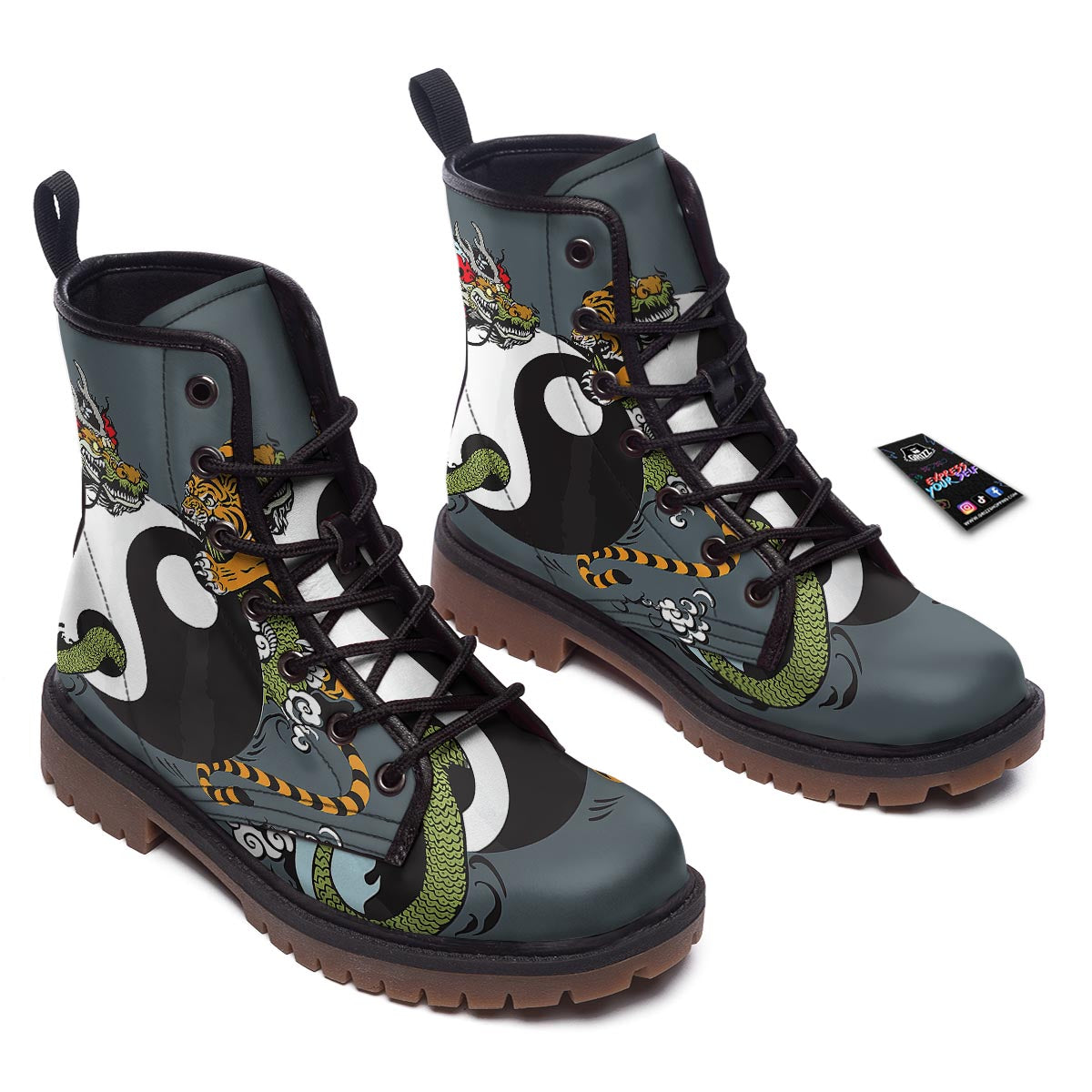 Yin Yang Dragon And Tiger Print Work Boots-grizzshop