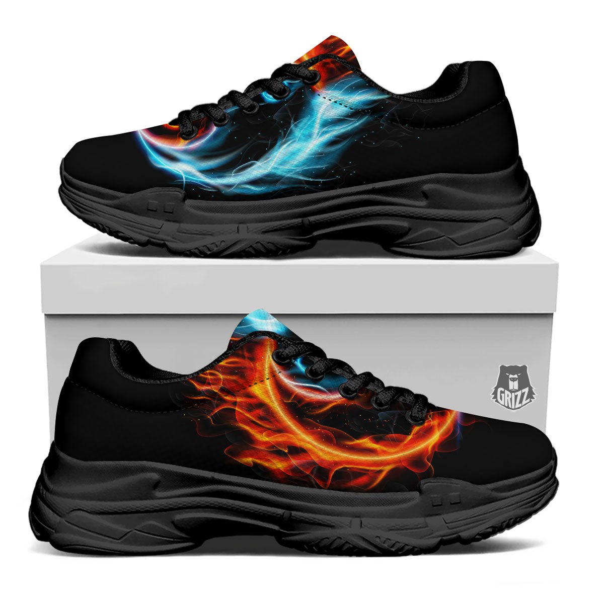 Yin Yang Flaming Print Black Chunky Shoes-grizzshop