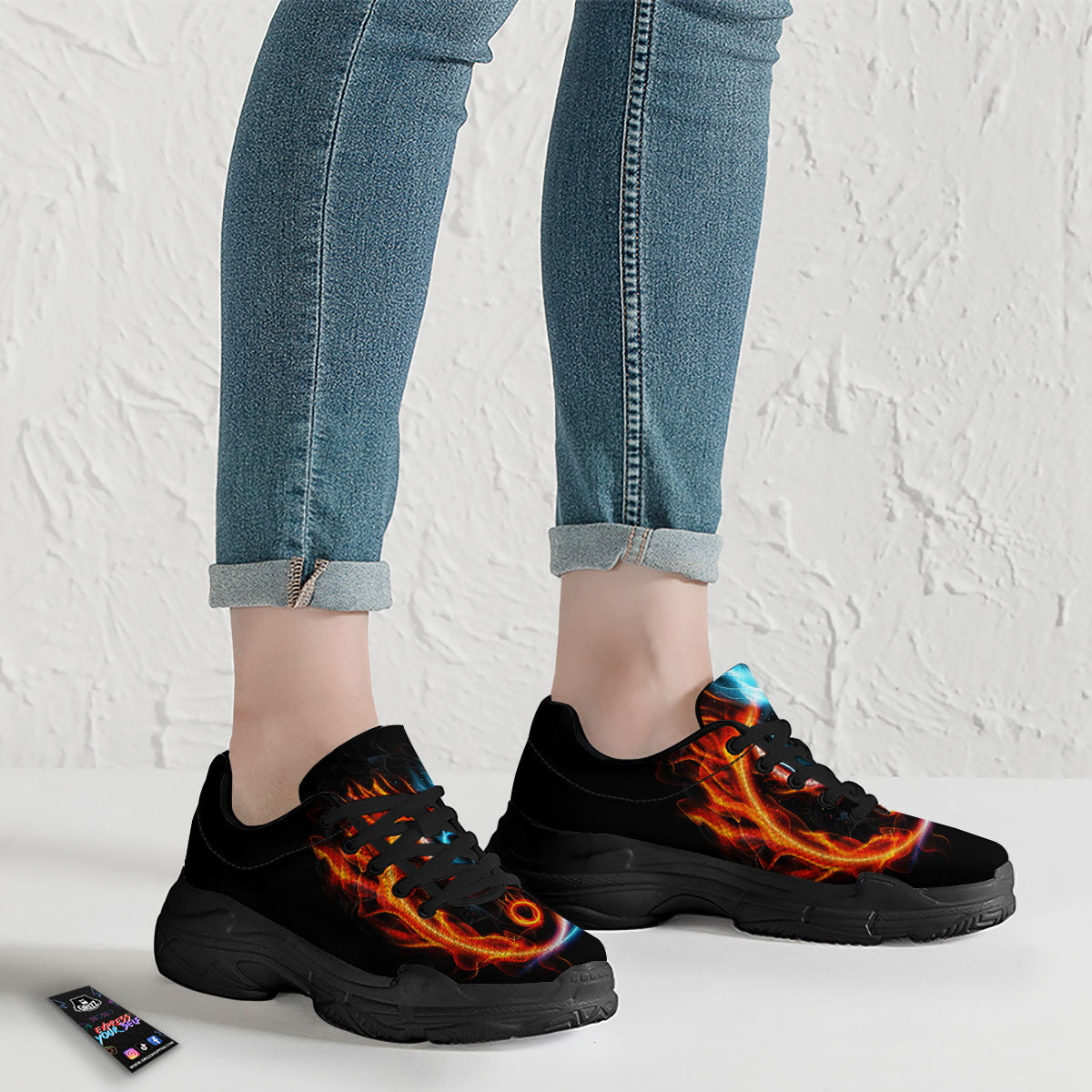 Yin Yang Flaming Print Black Chunky Shoes-grizzshop