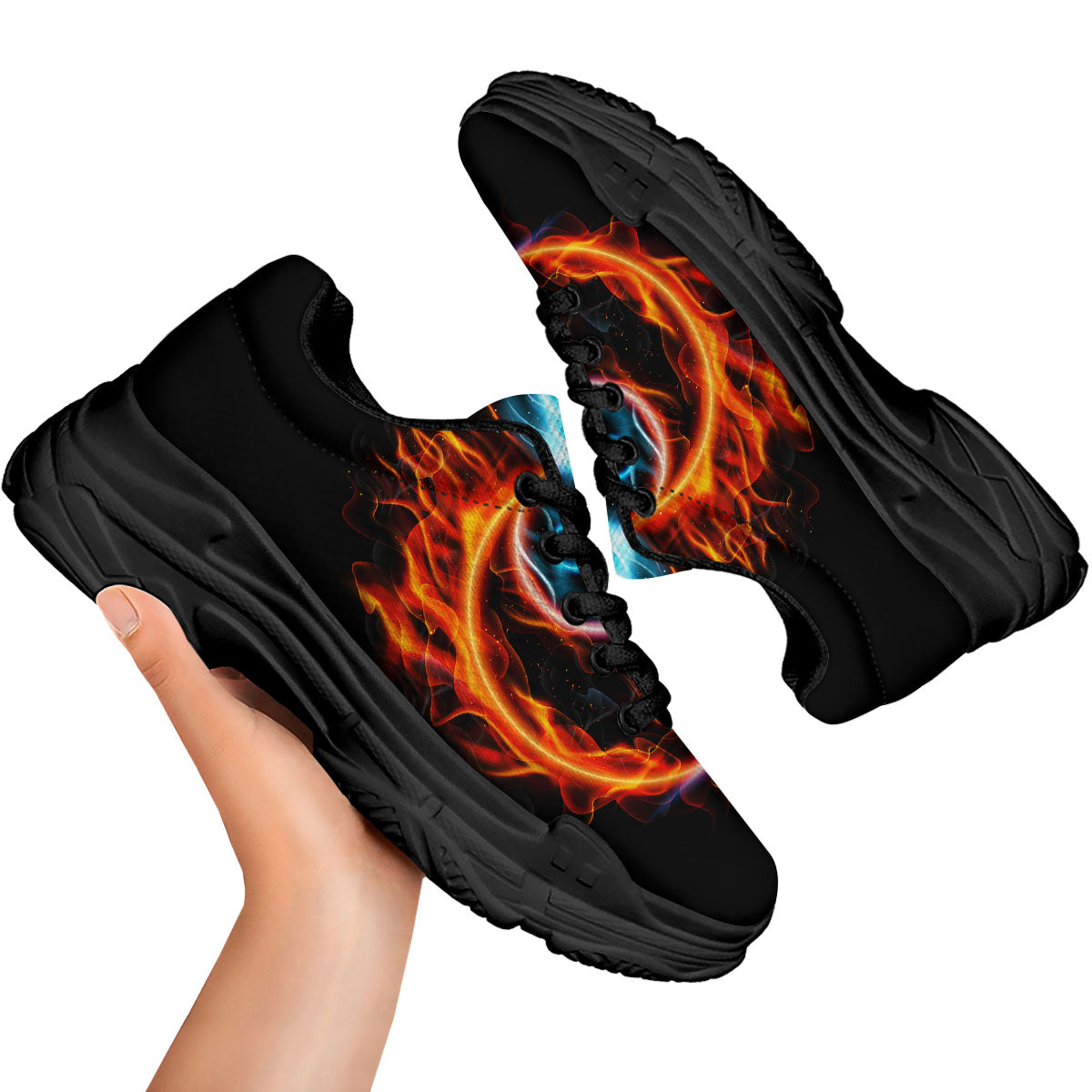 Yin Yang Flaming Print Black Chunky Shoes-grizzshop
