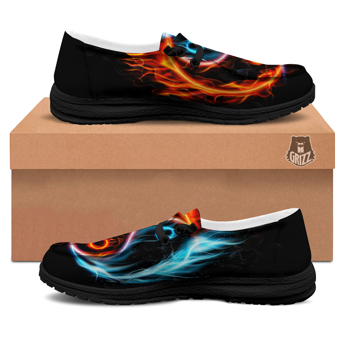 Yin Yang Flaming Print Black Loafers-grizzshop