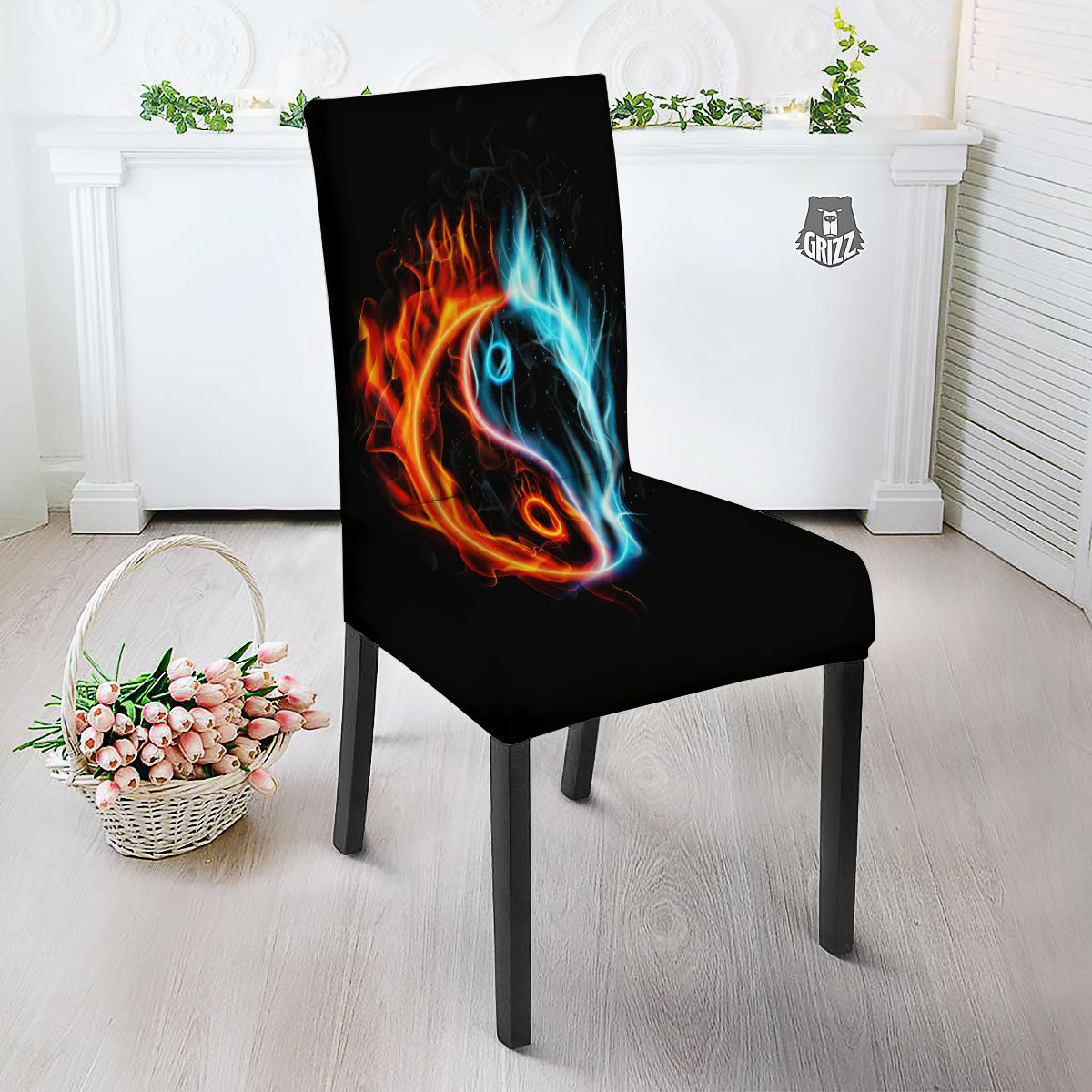 Yin Yang Flaming Print Dining Chair Slipcover-grizzshop