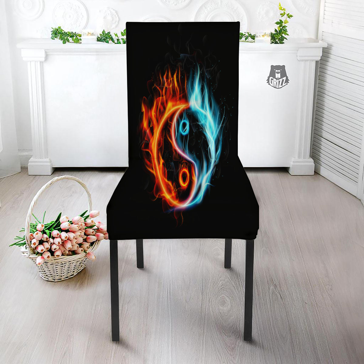 Yin Yang Flaming Print Dining Chair Slipcover-grizzshop