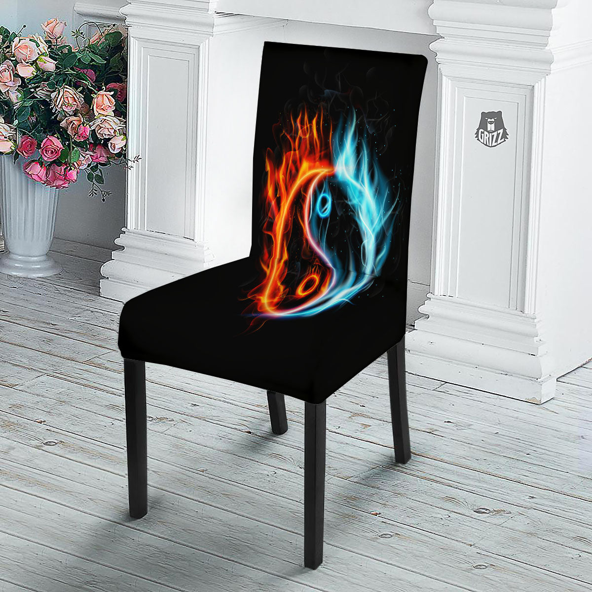 Yin Yang Flaming Print Dining Chair Slipcover-grizzshop