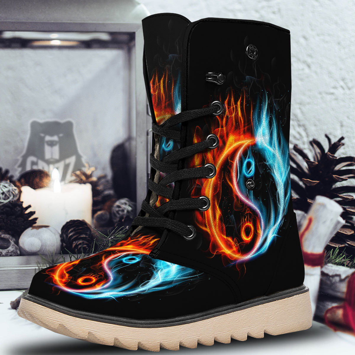 Yin Yang Flaming Print Snow Boots-grizzshop