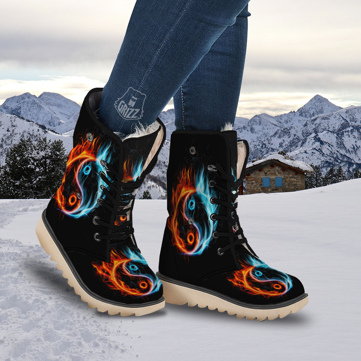 Yin Yang Flaming Print Snow Boots-grizzshop