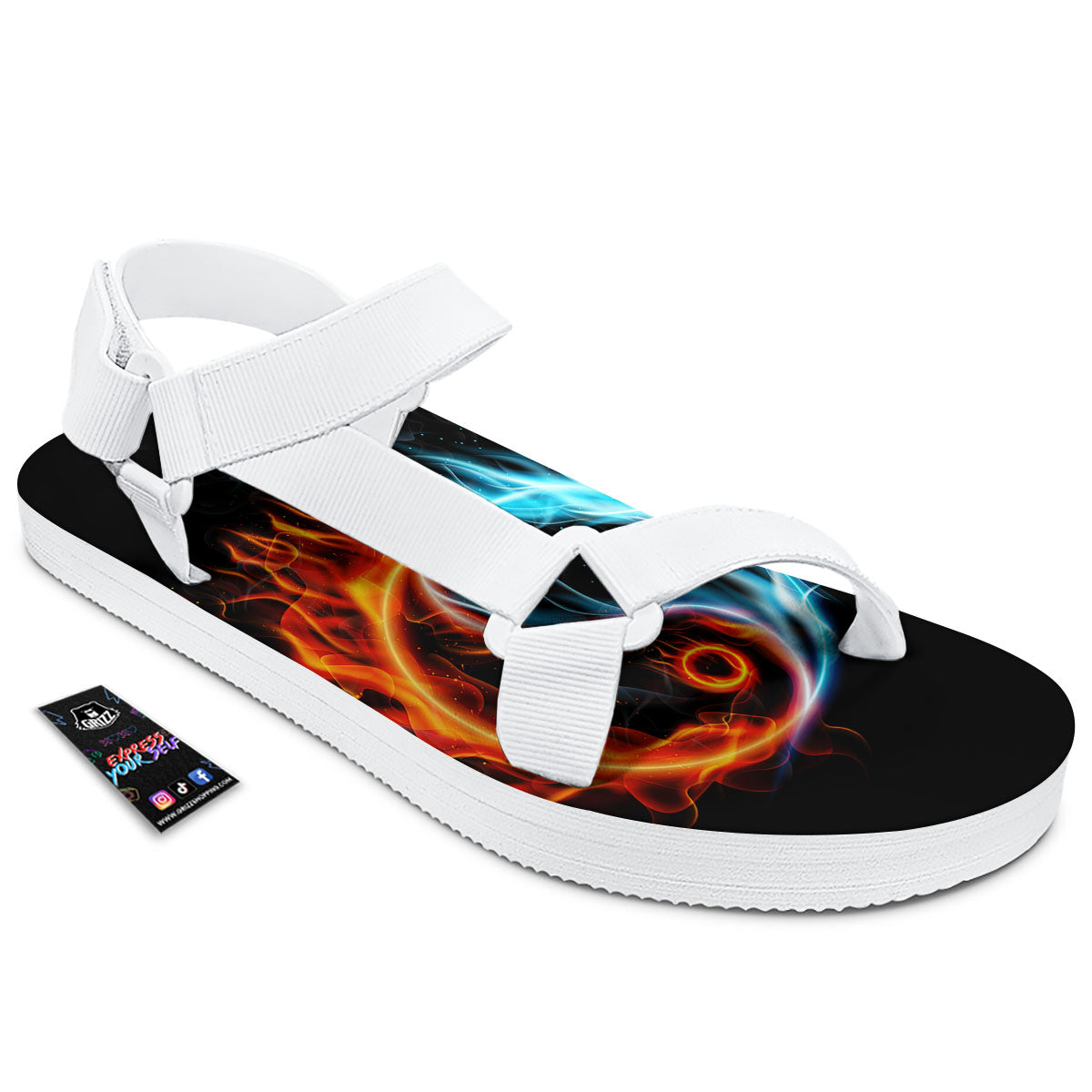 Yin Yang Flaming Print White Open Toe Sandals-grizzshop