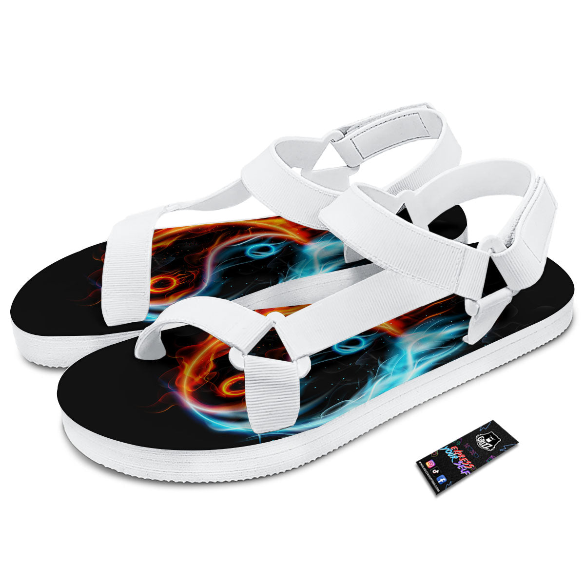 Yin Yang Flaming Print White Open Toe Sandals-grizzshop