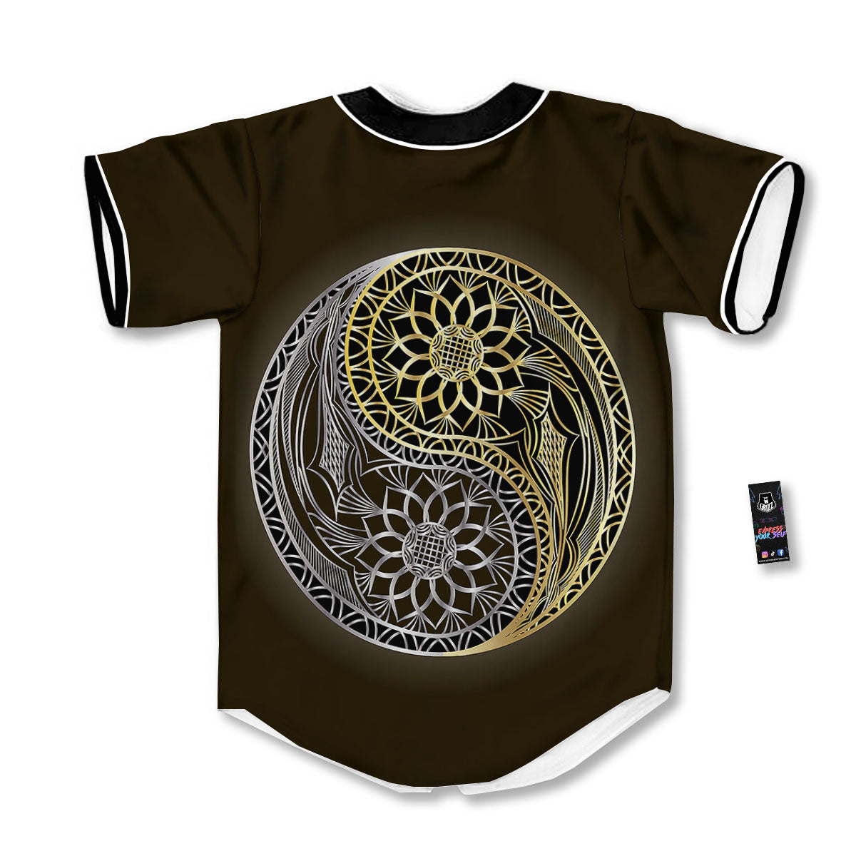 Yin Yang Flower Grey And Gold Print Baseball Jersey-grizzshop