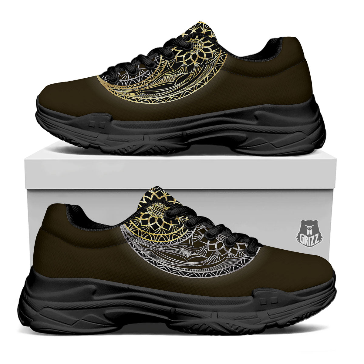 Yin Yang Flower Grey And Gold Print Black Chunky Shoes-grizzshop