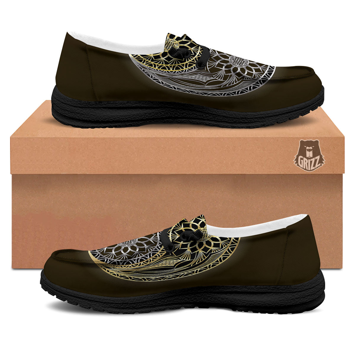 Yin Yang Flower Grey And Gold Print Black Loafers-grizzshop