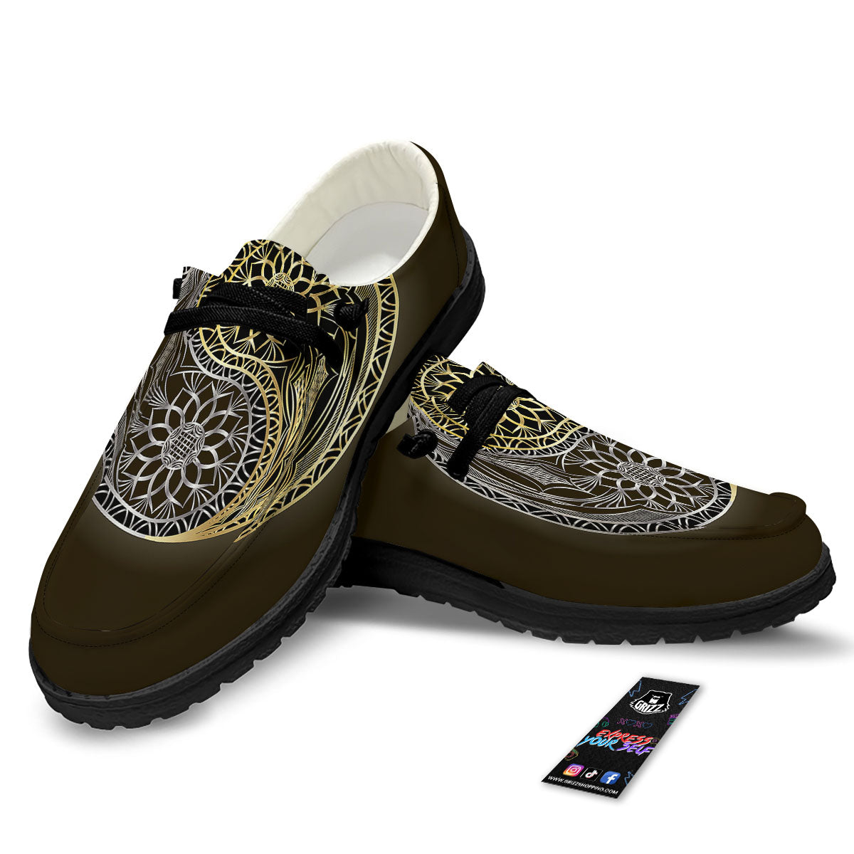 Yin Yang Flower Grey And Gold Print Black Loafers-grizzshop
