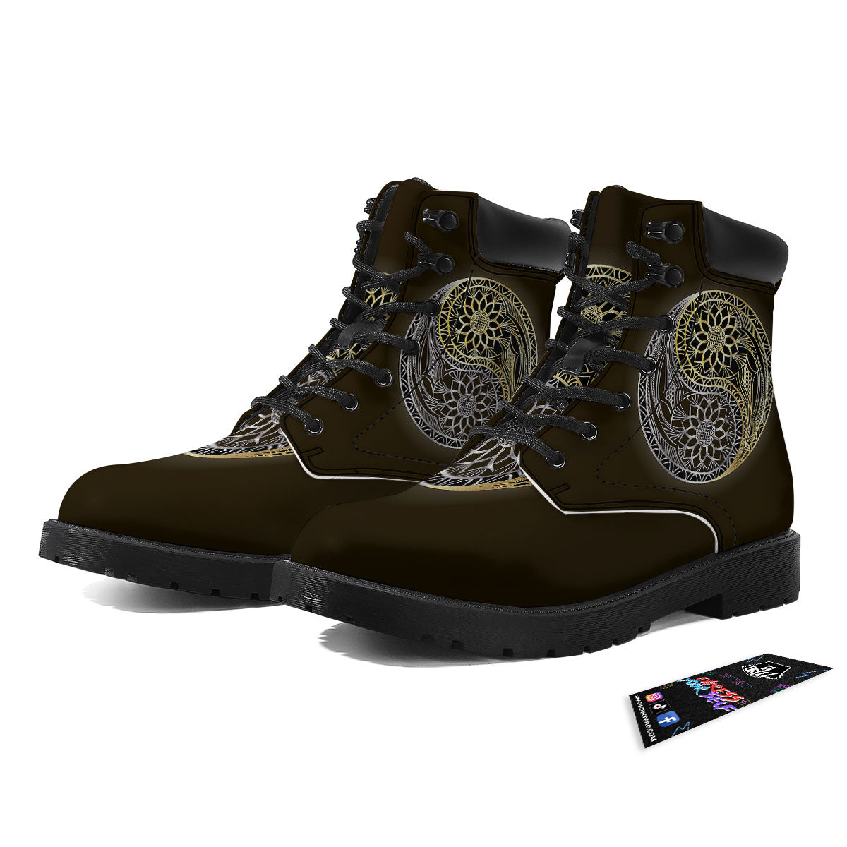 Yin Yang Flower Grey And Gold Print Boots-grizzshop