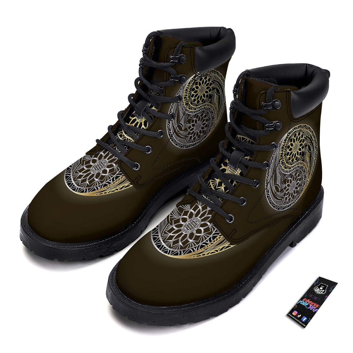 Yin Yang Flower Grey And Gold Print Boots-grizzshop