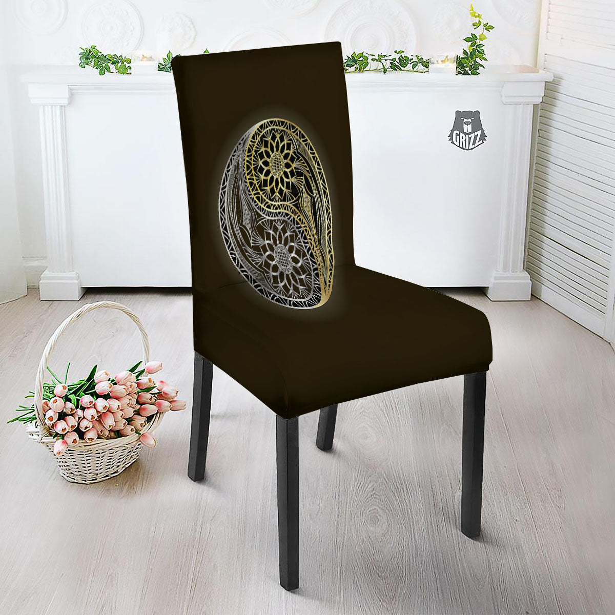 Yin Yang Flower Grey And Gold Print Dining Chair Slipcover-grizzshop