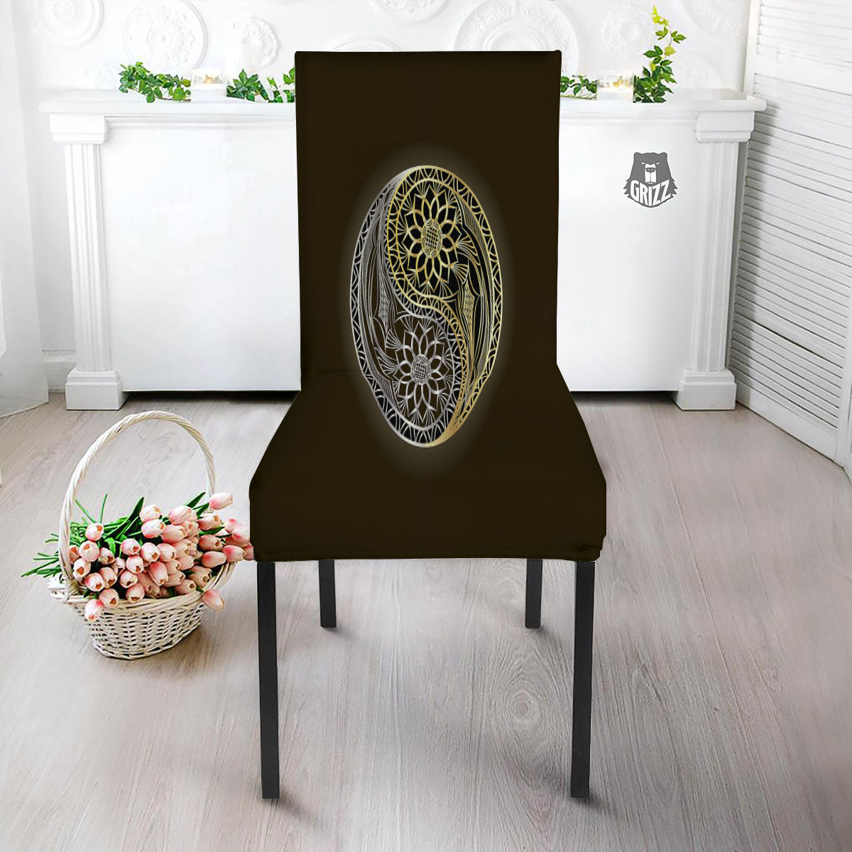 Yin Yang Flower Grey And Gold Print Dining Chair Slipcover-grizzshop