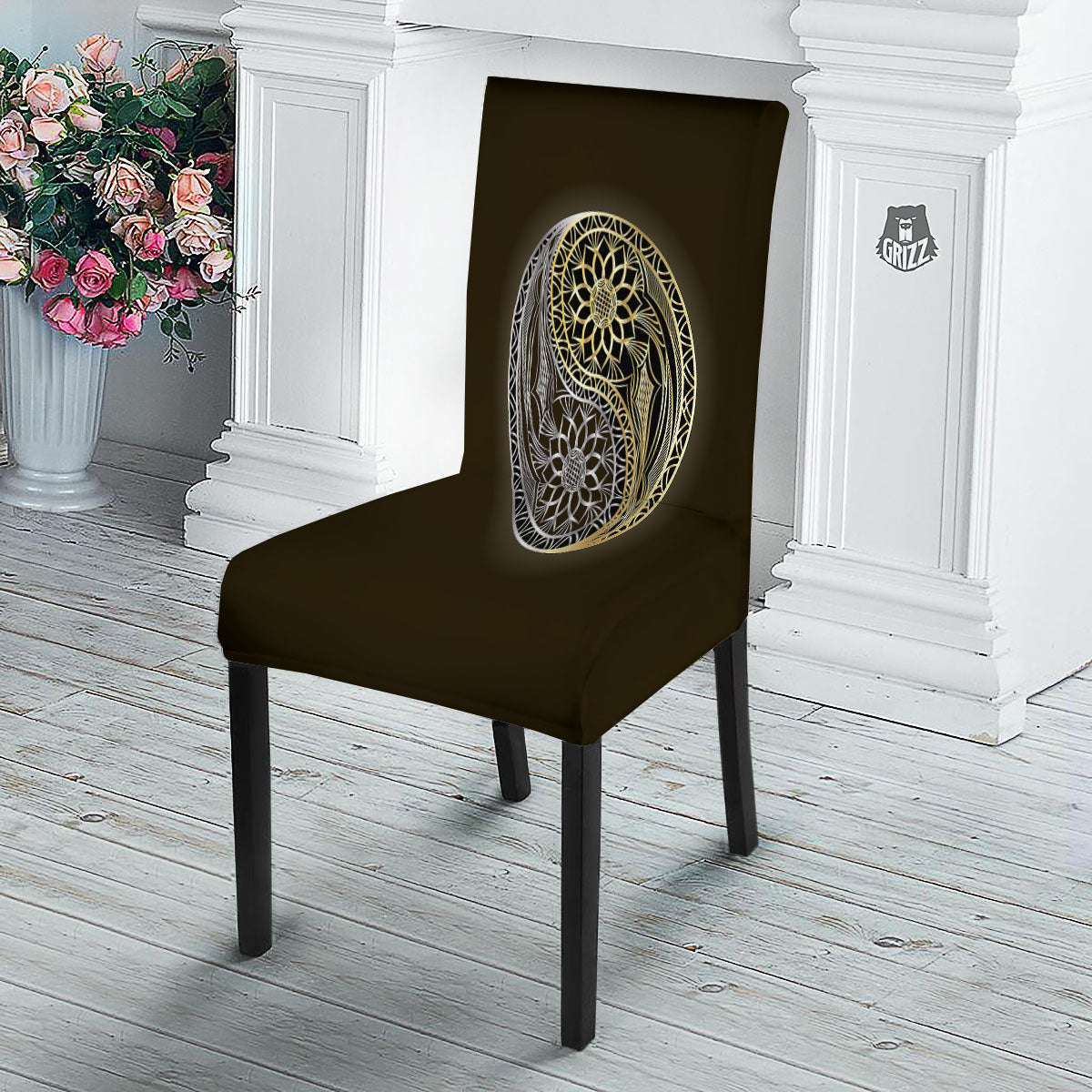 Yin Yang Flower Grey And Gold Print Dining Chair Slipcover-grizzshop