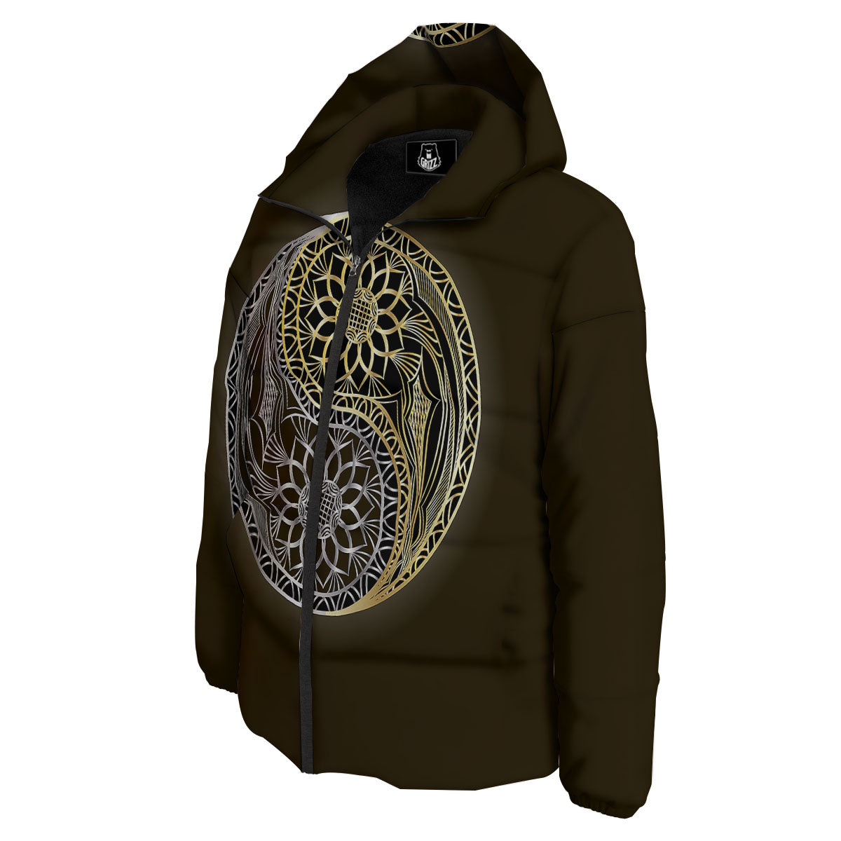 Yin Yang Flower Grey And Gold Print Down Jacket-grizzshop