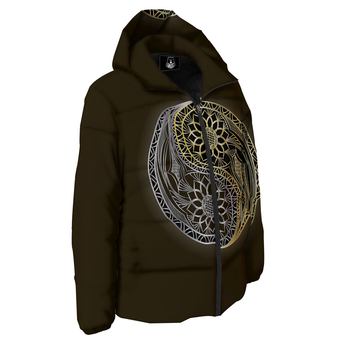 Yin Yang Flower Grey And Gold Print Down Jacket-grizzshop