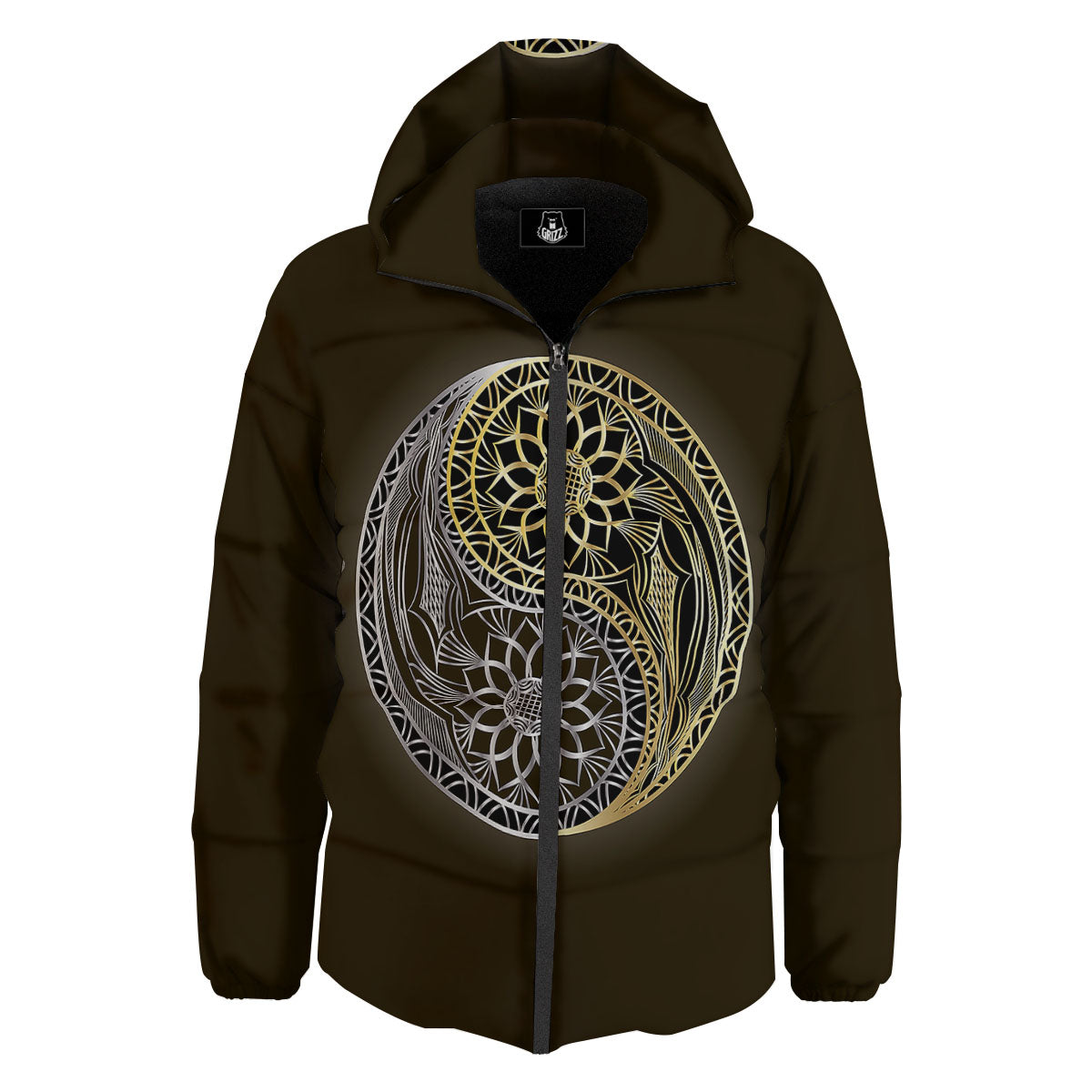 Yin Yang Flower Grey And Gold Print Down Jacket-grizzshop