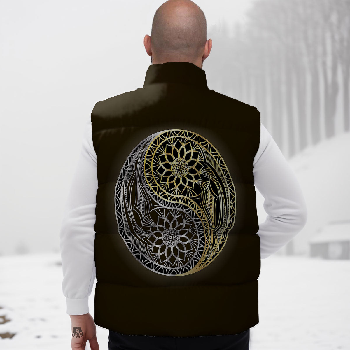 Yin Yang Flower Grey And Gold Print Down Vest-grizzshop