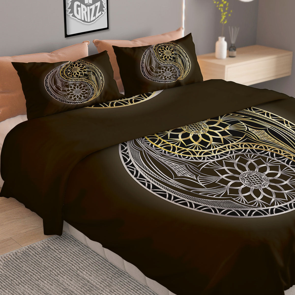 Yin Yang Flower Grey And Gold Print Duvet Cover Bedding Set-grizzshop