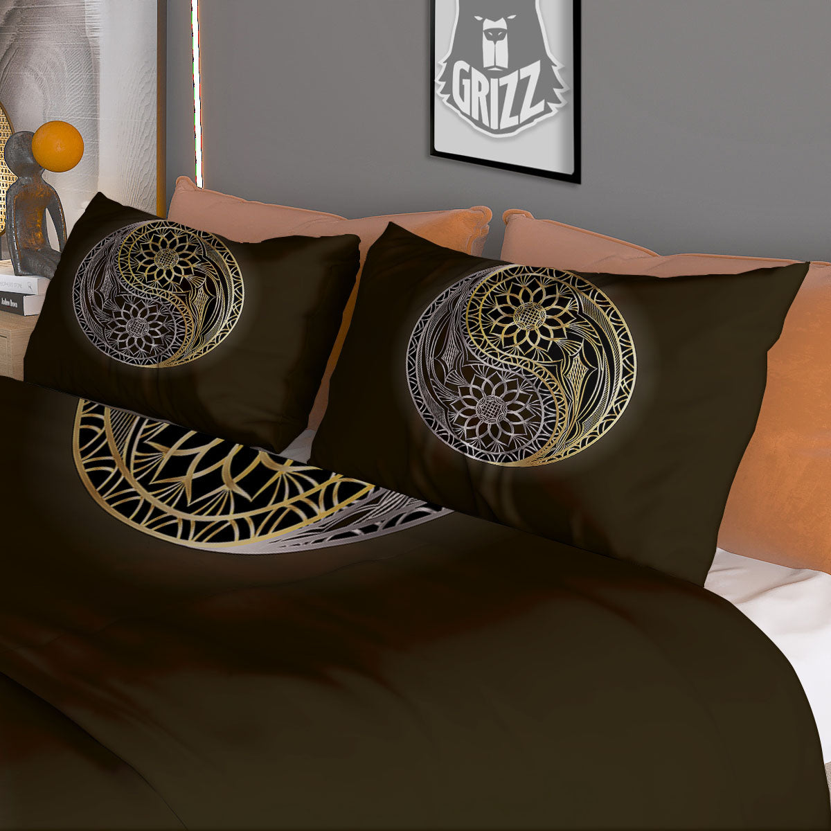 Yin Yang Flower Grey And Gold Print Duvet Cover Bedding Set-grizzshop