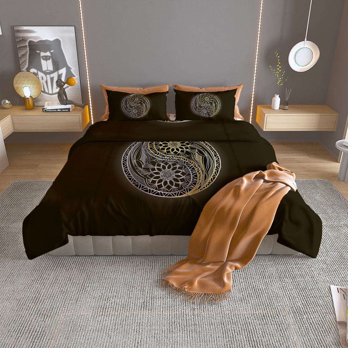Yin Yang Flower Grey And Gold Print Duvet Cover Bedding Set-grizzshop