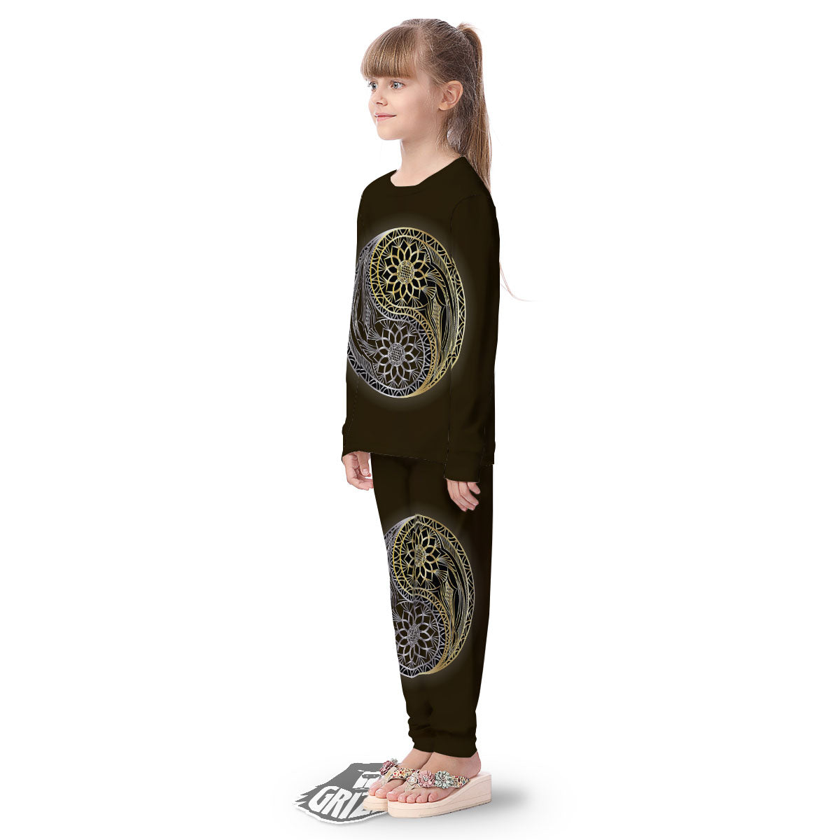 Yin Yang Flower Grey And Gold Print Kid's Pajamas-grizzshop