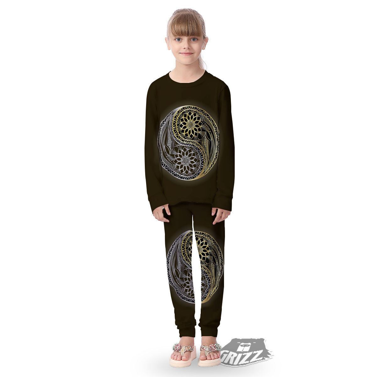Yin Yang Flower Grey And Gold Print Kid's Pajamas-grizzshop
