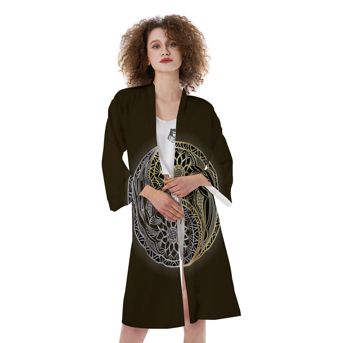 Yin Yang Flower Grey And Gold Print Kimono-grizzshop