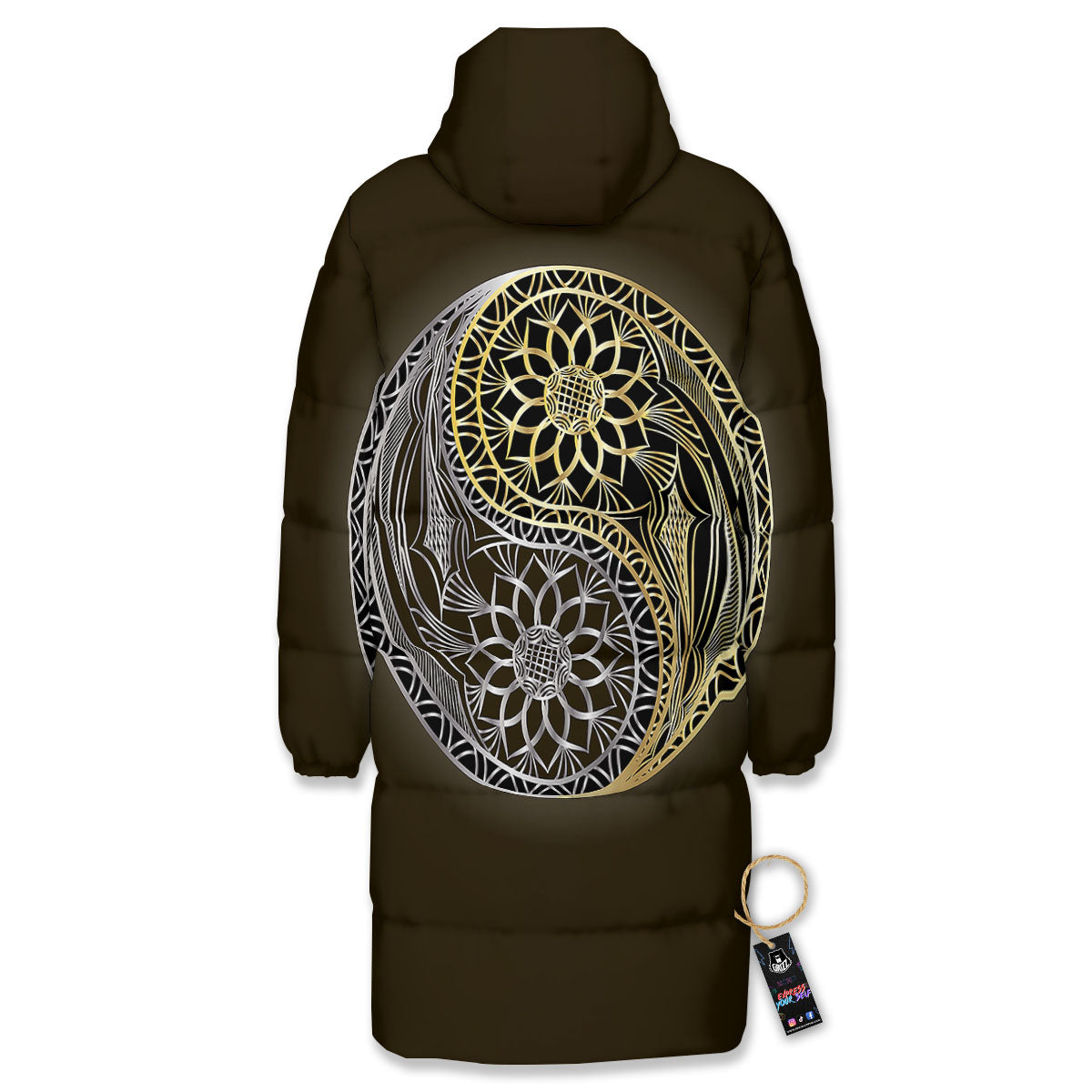 Yin Yang Flower Grey And Gold Print Long Down Jacket-grizzshop