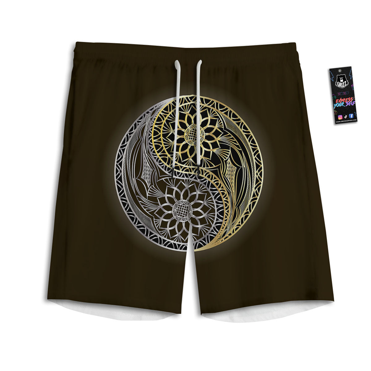 Yin Yang Flower Grey And Gold Print Men's Athletic Shorts-grizzshop