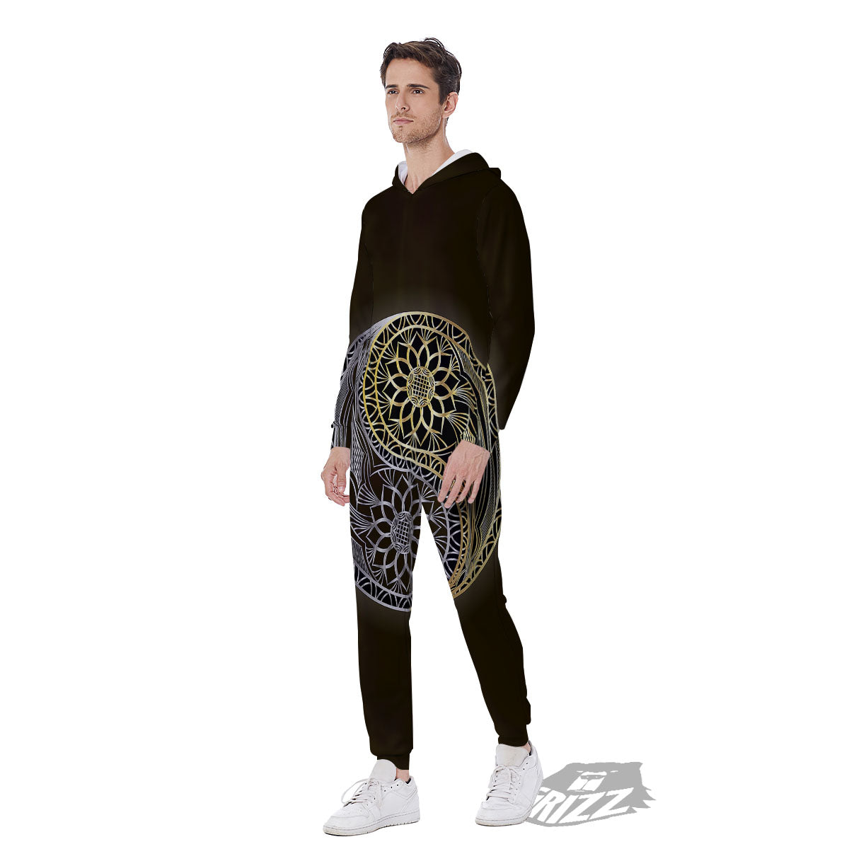 Yin Yang Flower Grey And Gold Print Men's Jumpsuit-grizzshop