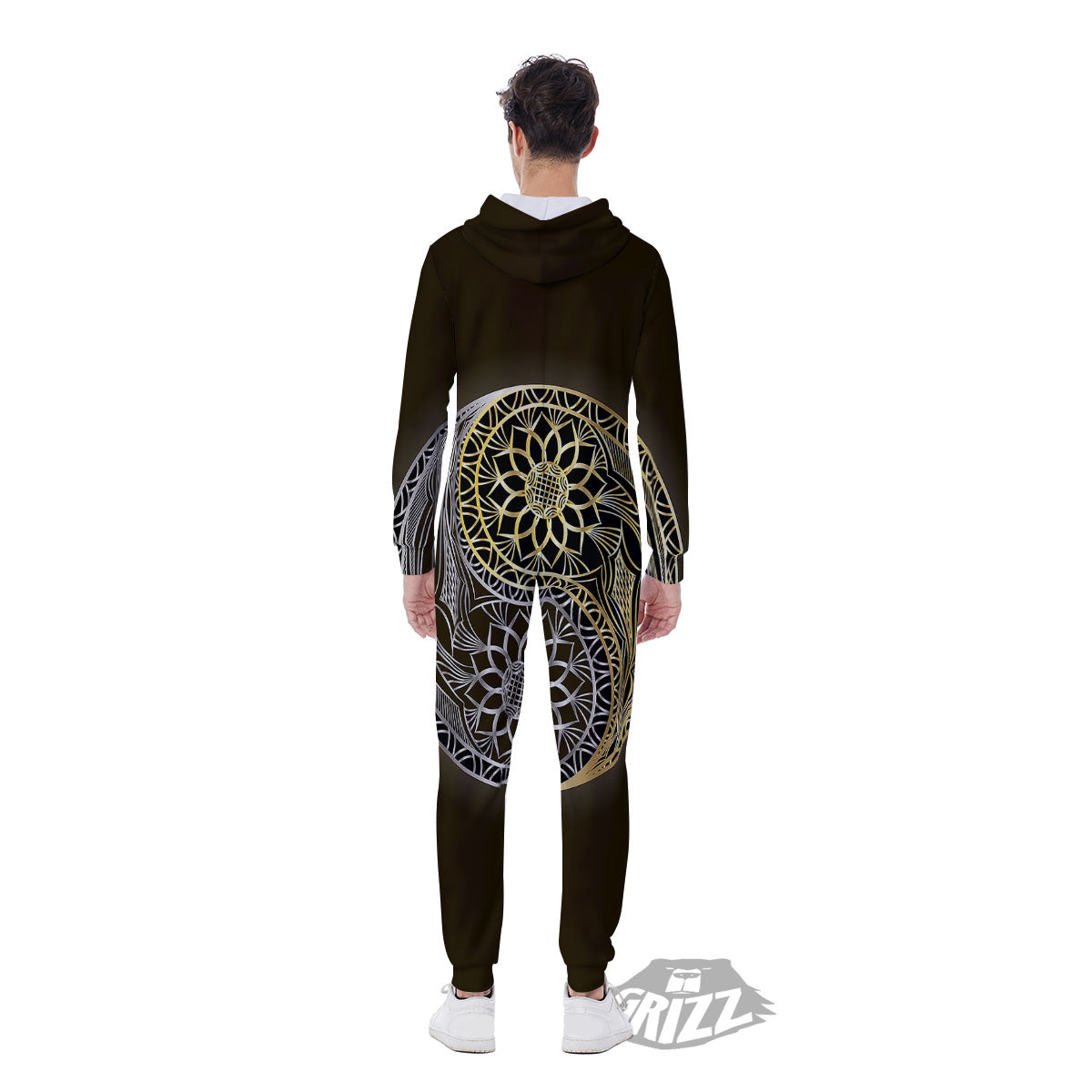 Yin Yang Flower Grey And Gold Print Men's Jumpsuit-grizzshop