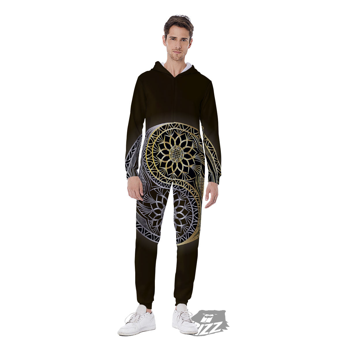 Yin Yang Flower Grey And Gold Print Men's Jumpsuit-grizzshop