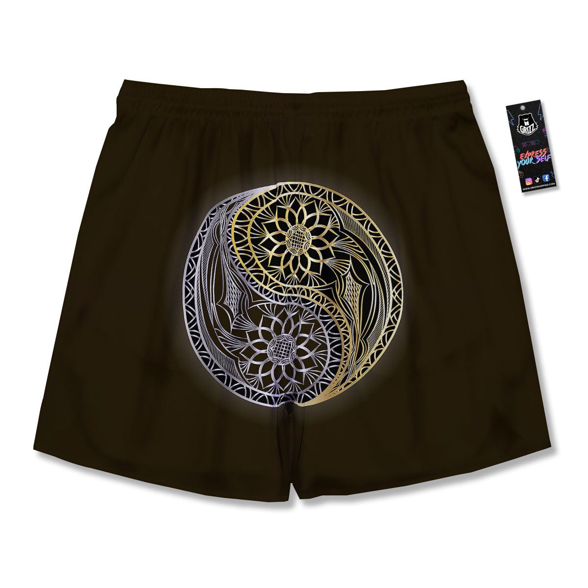 Yin Yang Flower Grey And Gold Print Men's Running Shorts-grizzshop